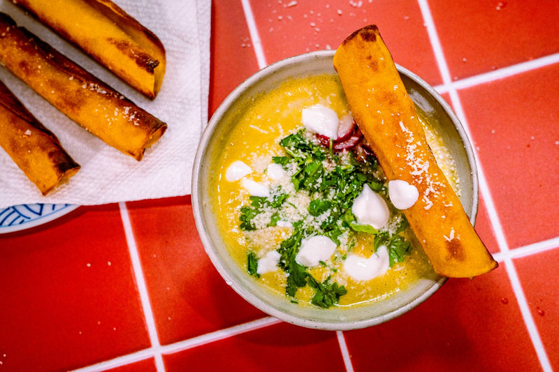 Creamy Chilled Corn Soup with Crispy Chicken Flautas