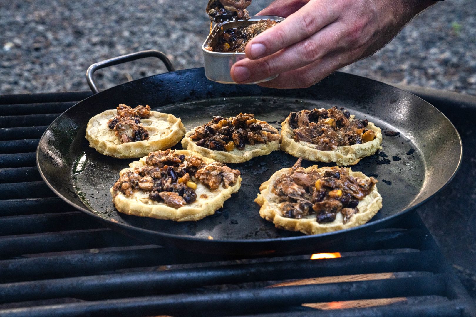 Sopes with Tinned Sardines, Beans, Corn and Salsa