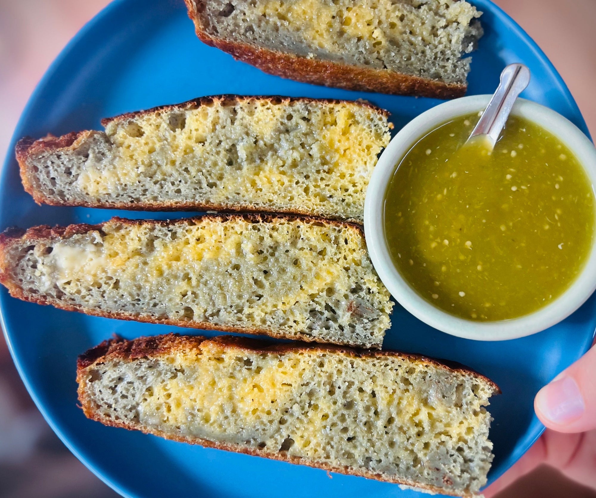 Slices of blue and yellow marbled cornbread