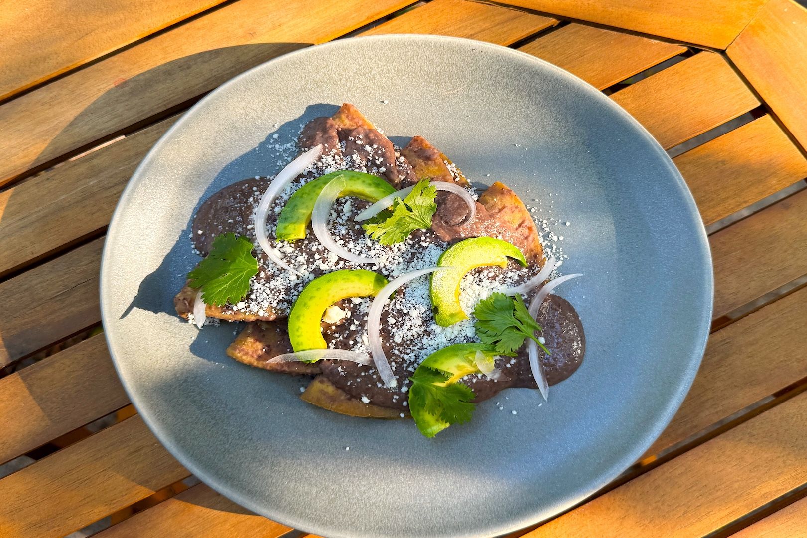 Enfrijoladas con aguacate y cebolla