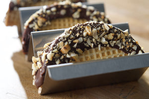 Choco Tacos with Champurrado Ice Cream, dipped in Dark Chocolate and Peanuts