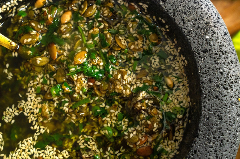 Salsa macha verde in a molcajete