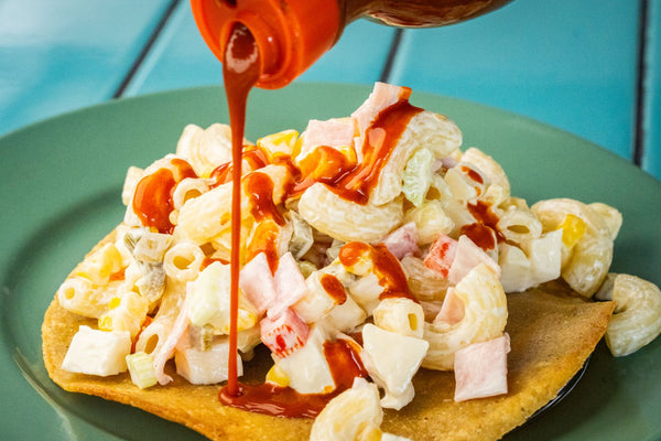 Mexican pasta salad on a tostada