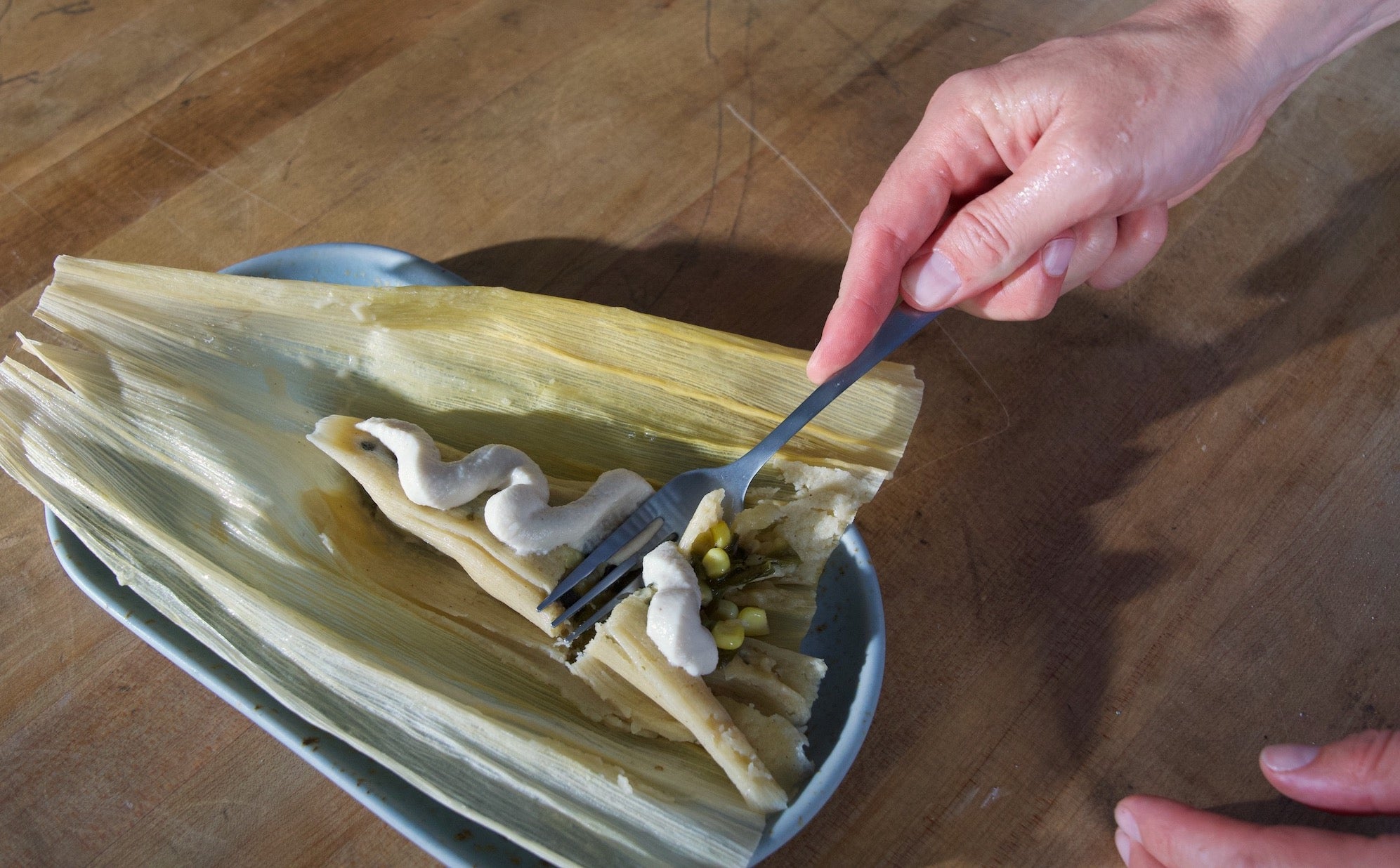Vegan tamales: rajas con elote with cashew crema