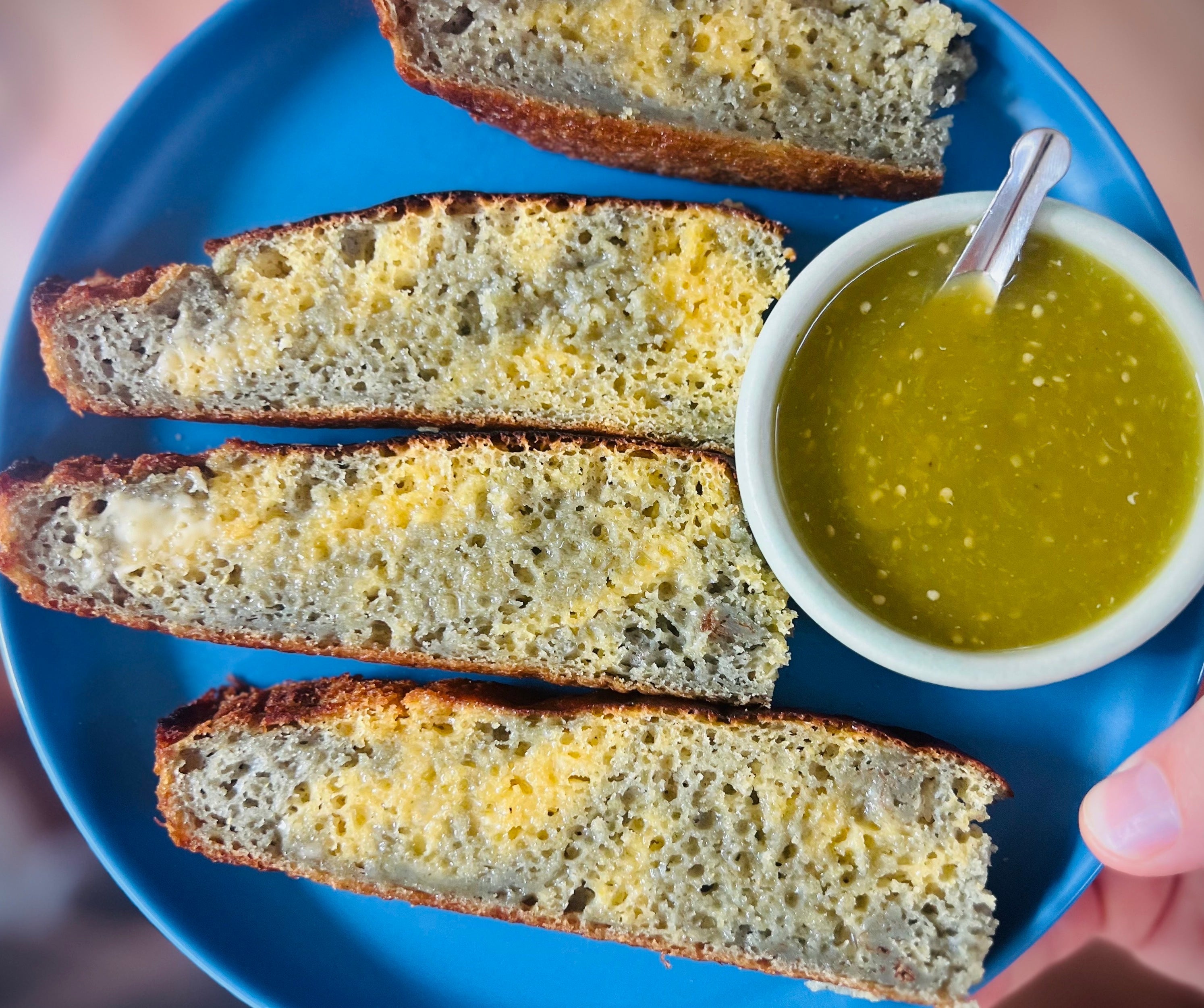 Slices of blue and yellow marbled cornbread