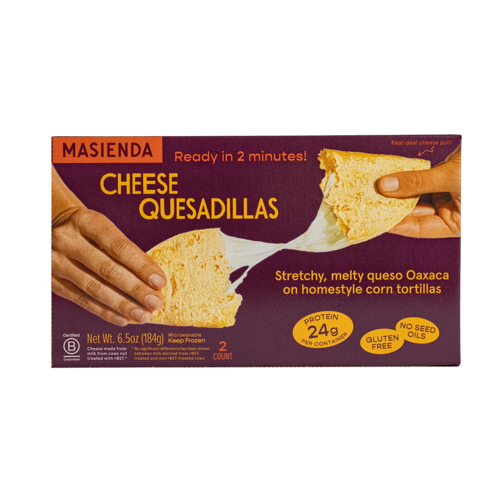 Masienda Cheese Quesadillas packaging with hands holding quesadillas