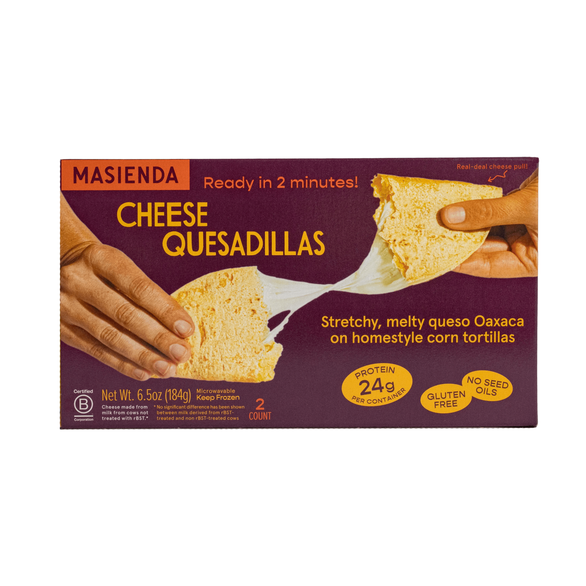 Masienda Cheese Quesadillas packaging with hands holding quesadillas