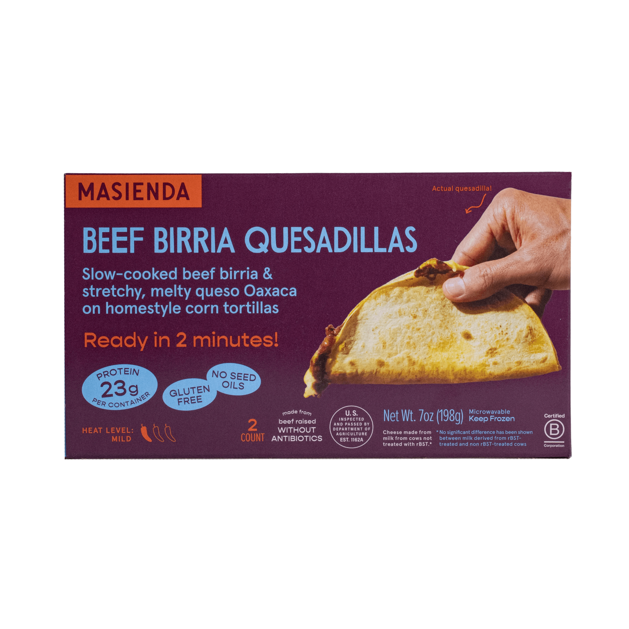 Masienda Beef Birria Quesadillas packaging with a hand holding a quesadilla
