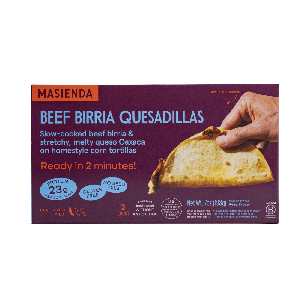 Masienda Beef Birria Quesadillas packaging with a hand holding a quesadilla