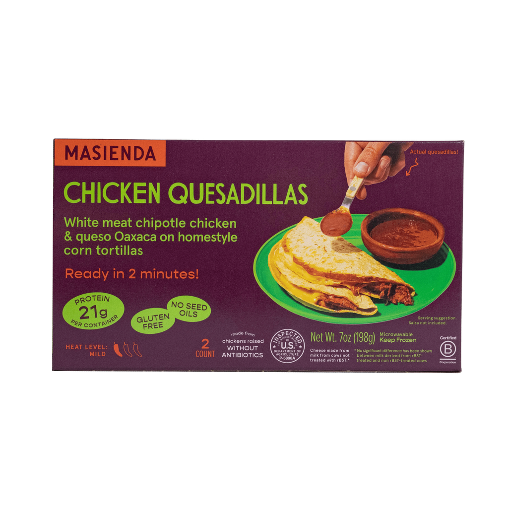 Masienda Chicken Quesadillas packaging with a hand spooning sauce onto quesadillas
