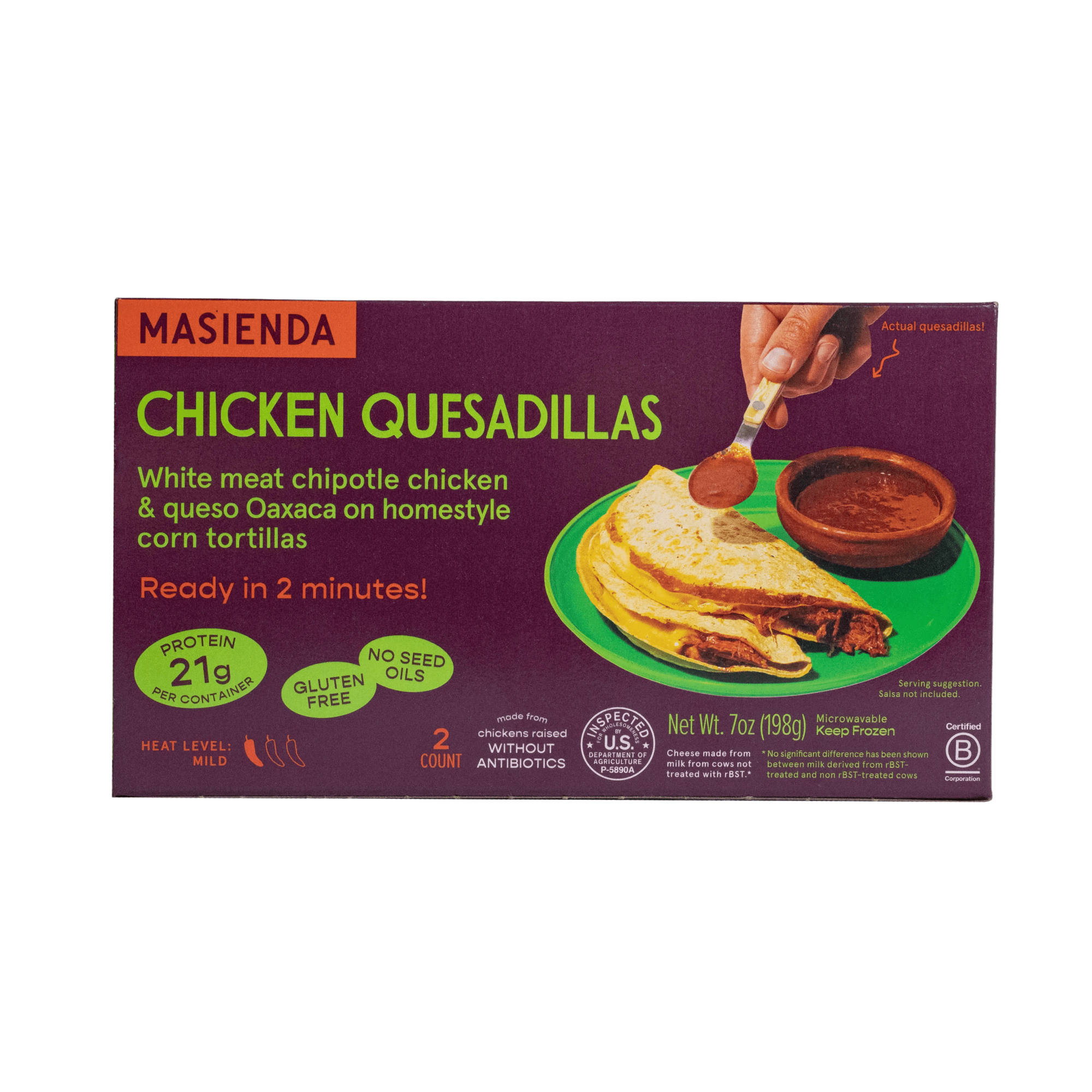 Masienda Chicken Quesadillas packaging with a hand spooning sauce onto quesadillas
